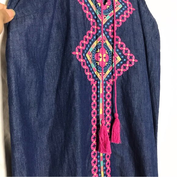 Savanah Jane Boho Blue Chambray Embroidered Sleeveless Shift Dress Sz S - Picture 11 of 14